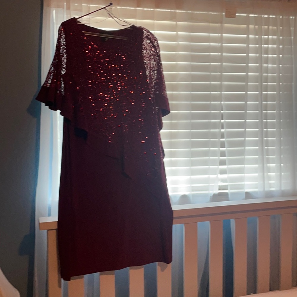 Dillards dress, maroon sheath dress with sequence